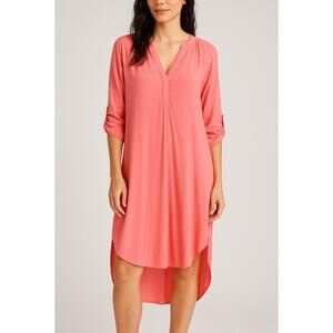 Cupio Coral Pink High-Low Tunic Dress M Roll Tab Sleeve Lightweight Cover Up